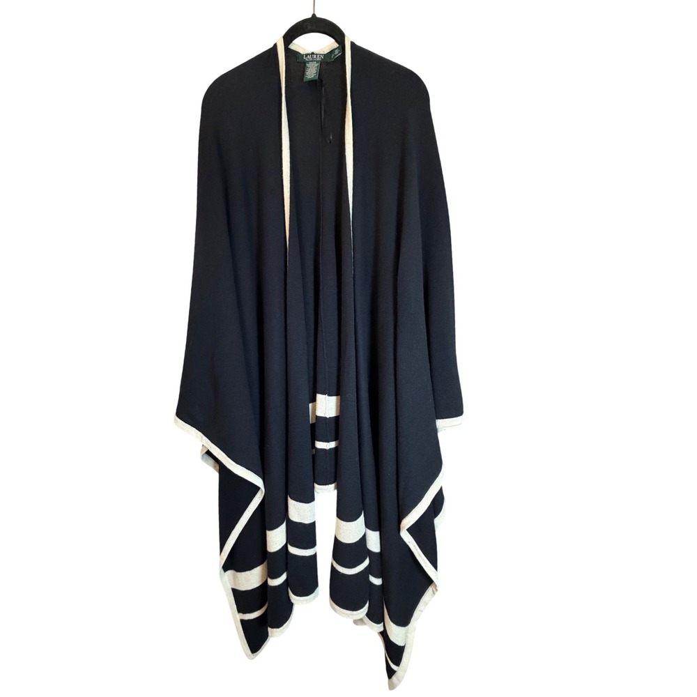 Lauren Ralph Lauren Navy Blue Cream Striped Knit Poncho Wrap Wool Blend L/XL